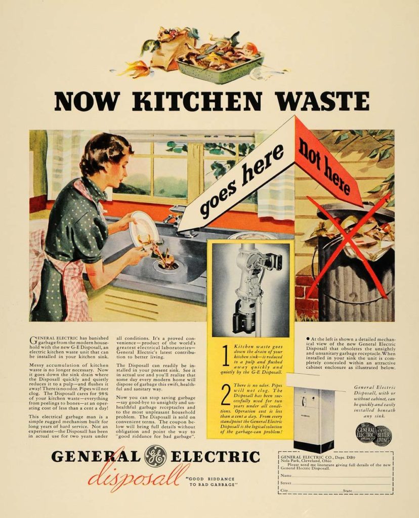 history of the garbage disposal - 1936 general electric ad
