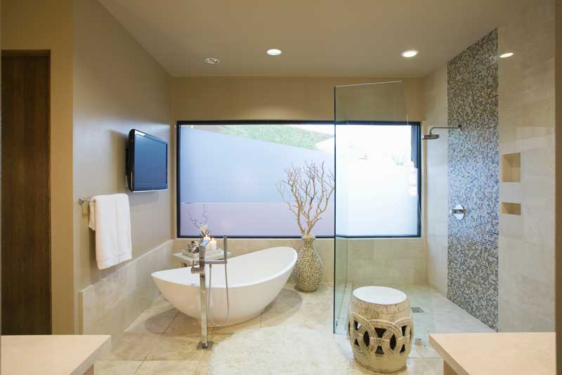 2021 bathroom trends - technology tv open space large window natural plants freestanding tub