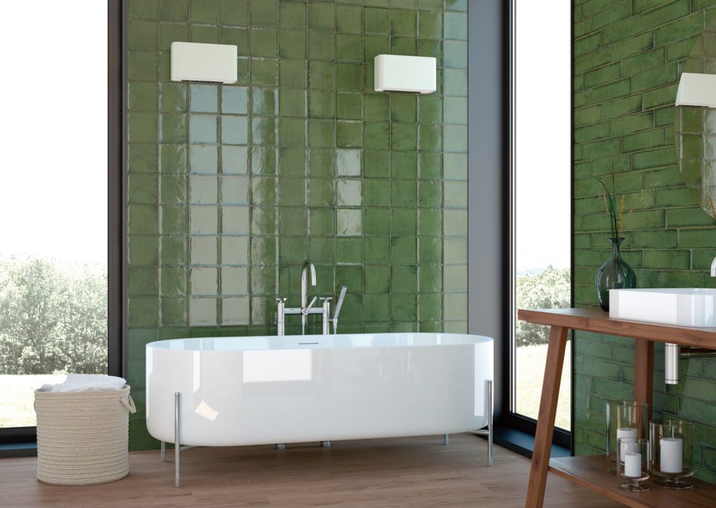 2022 bathroom trends - green bathroom with freestanding tub