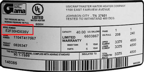 How to restore hot water to water heater - label with model number