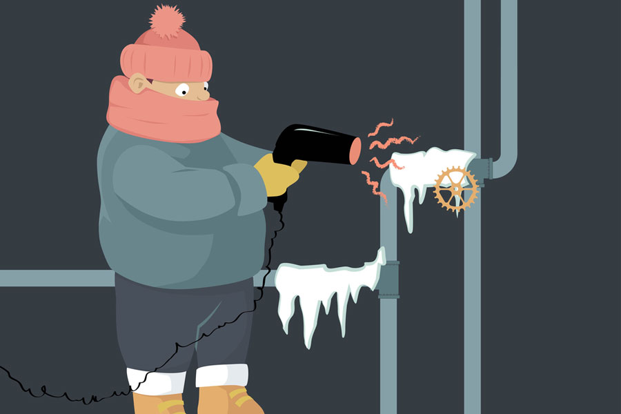 how to thaw frozen pipes with a hair dryer - illustration of main in winter clothing with hair dryer blowing air on pipes