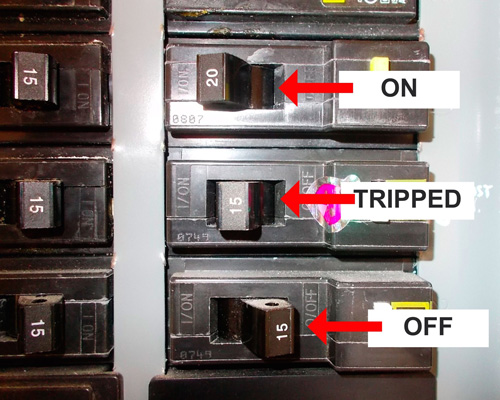 photo indicating when a circuit breaker is on off and tripped