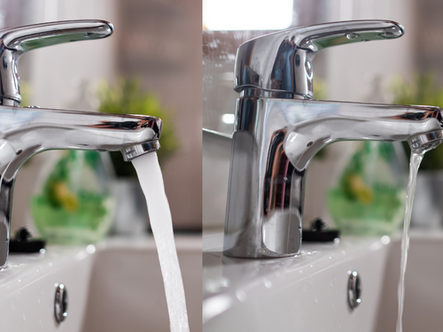 On the left, you can see what normal water pressure looks like out of a faucet. On the right, you can see that the water pressure is significantly less.