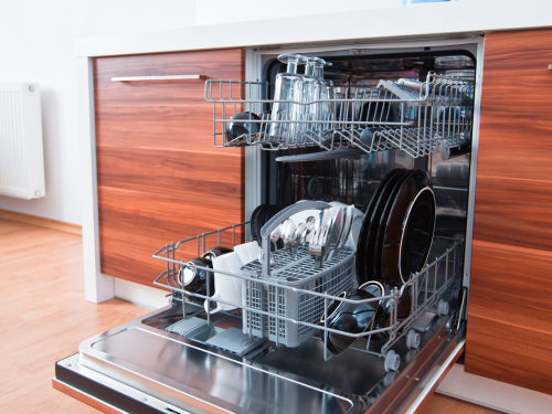 dishwasher open with dishes